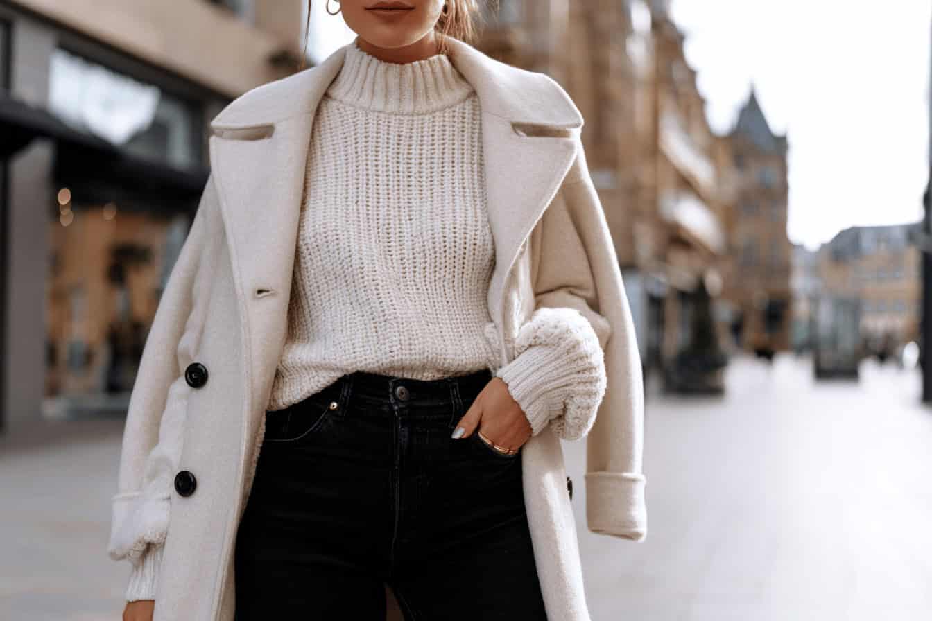 Frau trägt schwarze Jeans, cremefarbenen Strickpullover und hellen Mantel