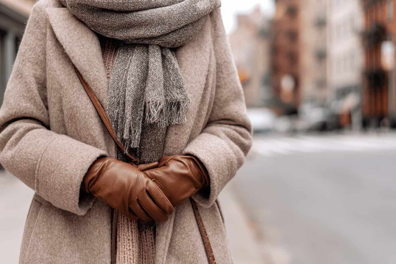 Person mit beigem Mantel, grauem Schal und braunen Lederhandschuhen auf einer Straße in New York