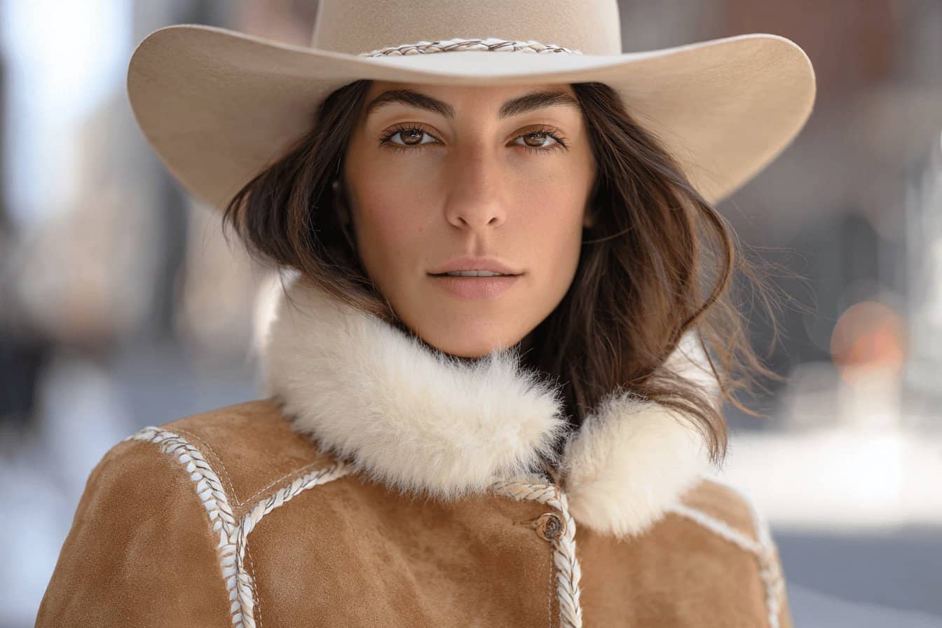 Frau mit Cowboyhut und Lammfelljacke in winterlicher Stadt