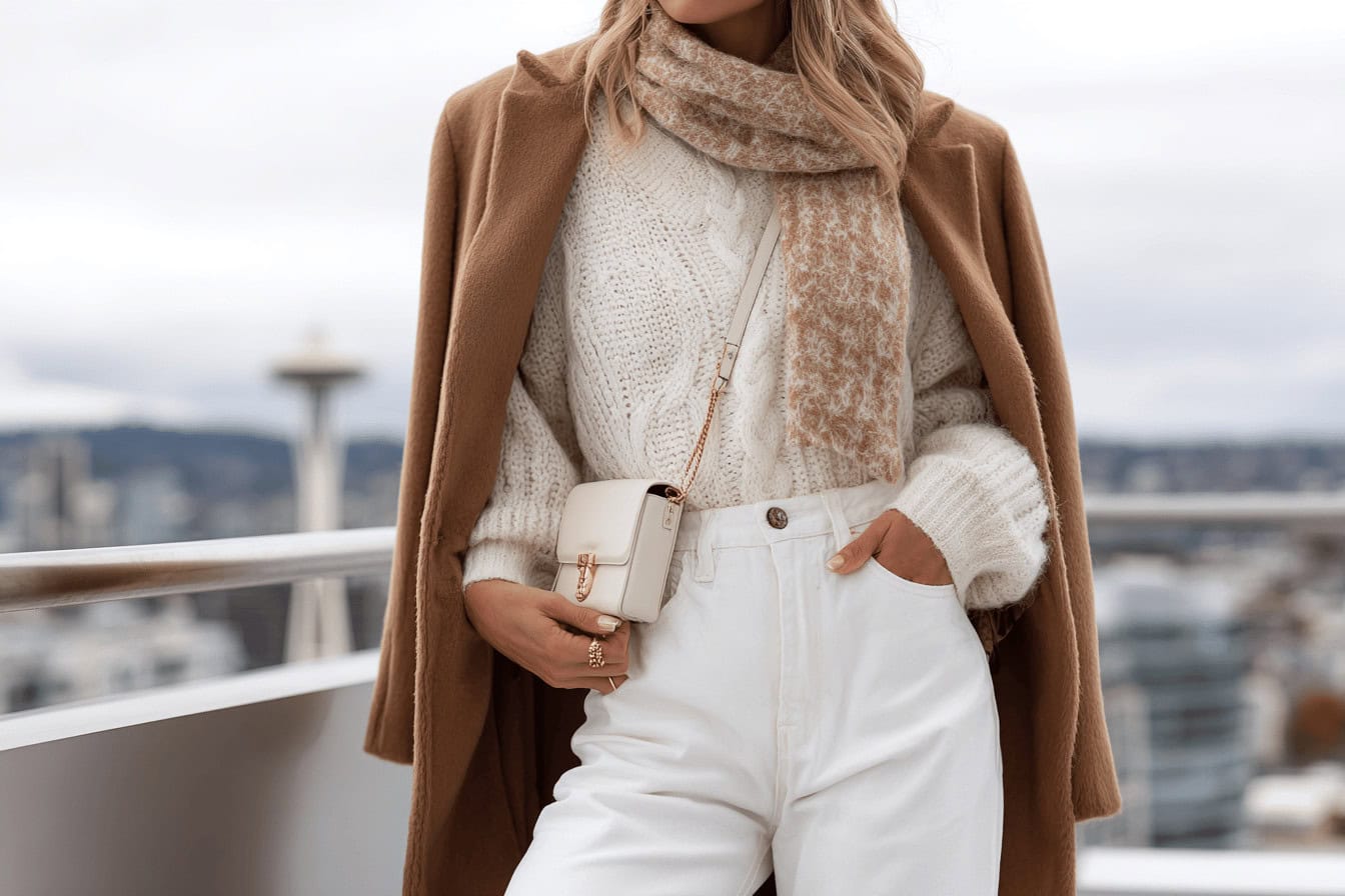 Frau trägt weißes Jeans-Outfit mit Strickpullover, Schal und braunem Mantel