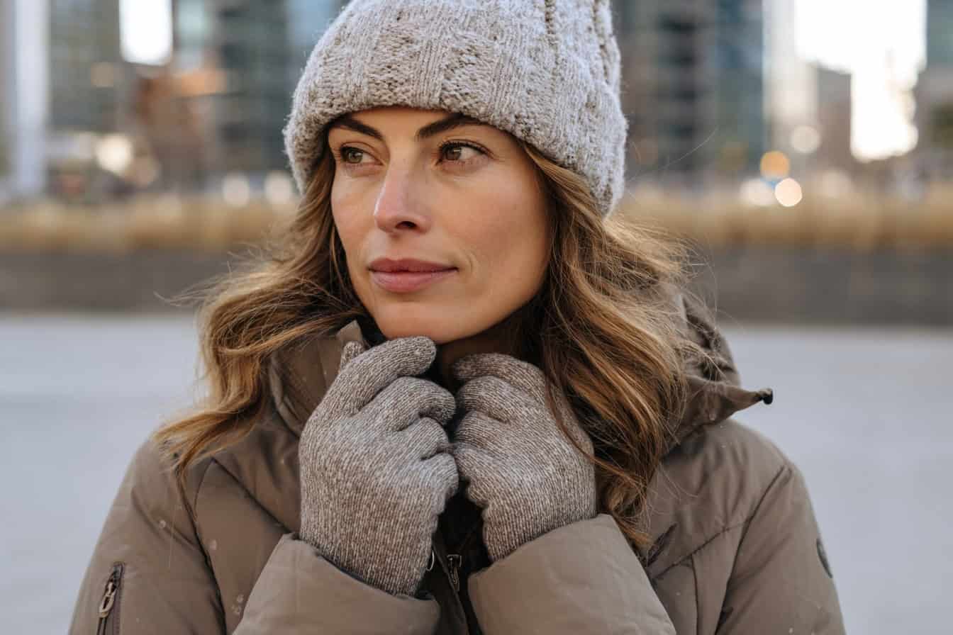 Woman wearing a warm knitted hat, winter jacket, and gloves