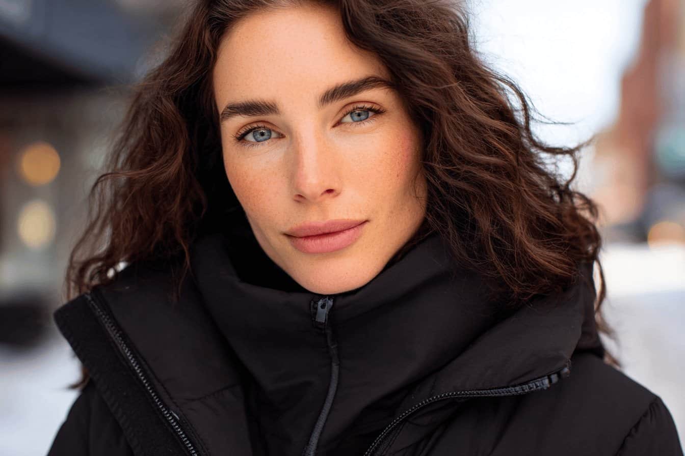 Frau mit schwarzer Winterjacke in der Stadt