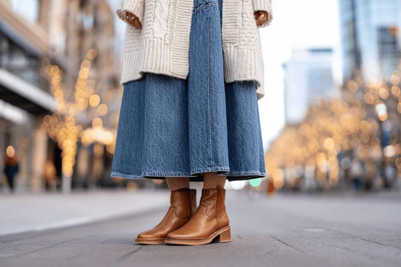 Frau trägt langen Jeansrock, Strickpullover und braune Lederstiefeletten im Winter