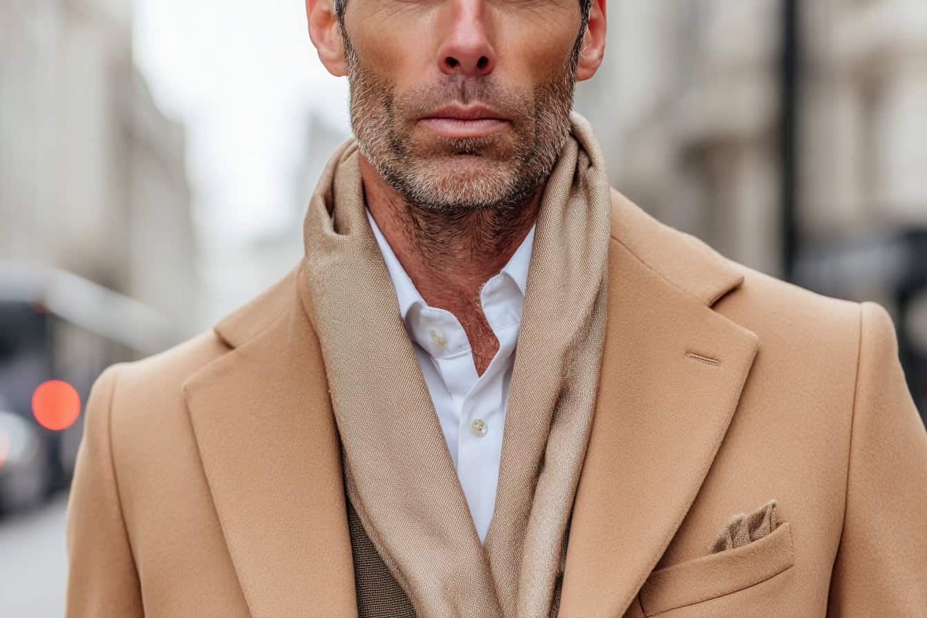Mann trägt beigefarbenen Mantel mit Schal und weißem Hemd