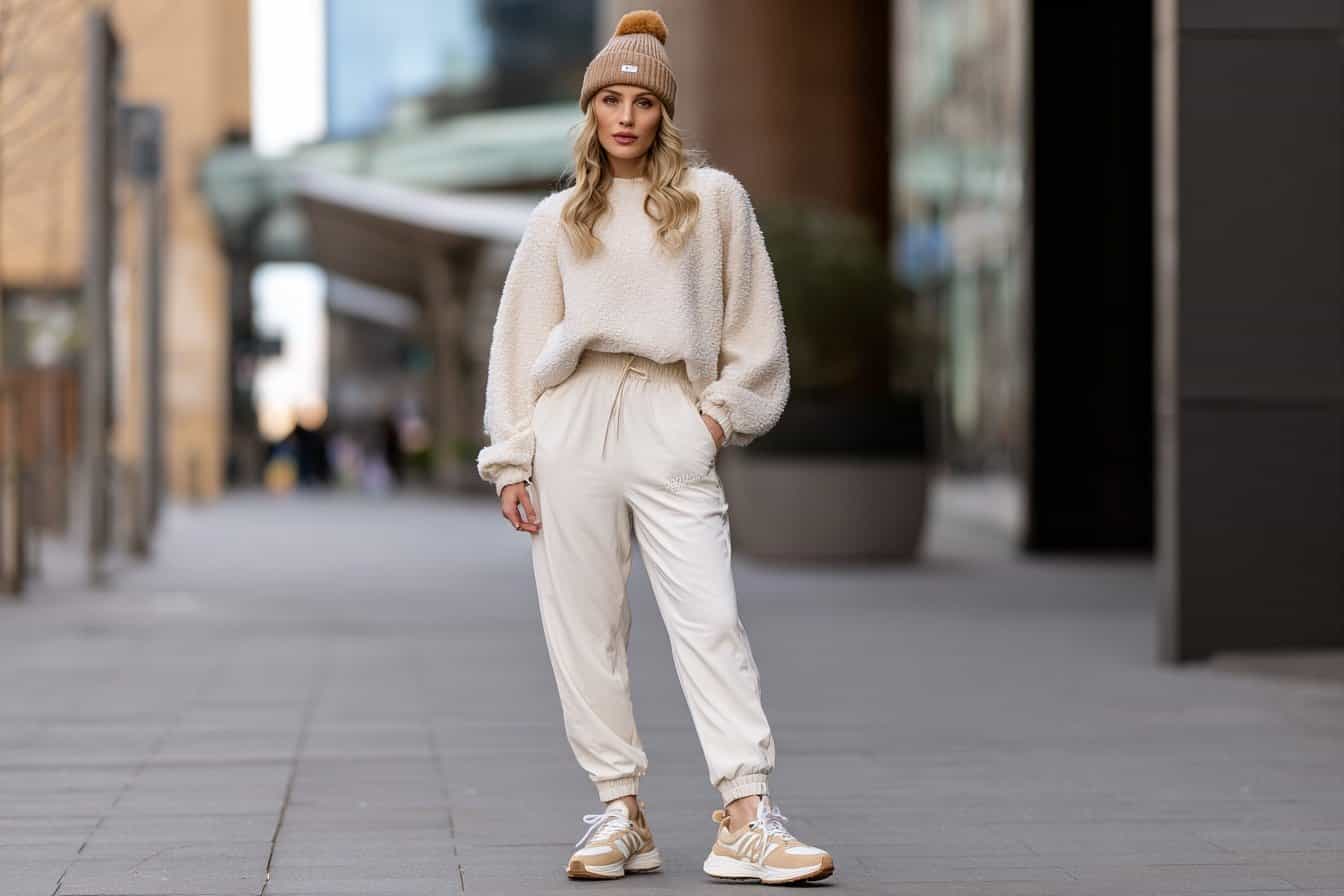 Frau in beigem Winteroutfit mit Jogginghose und Strickmütze auf der Straße