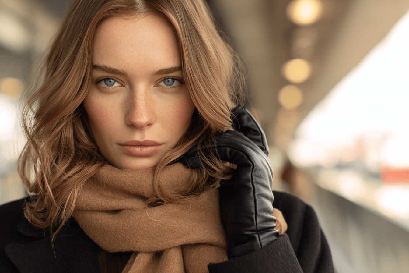 Woman with a brown scarf and black coat at the airport