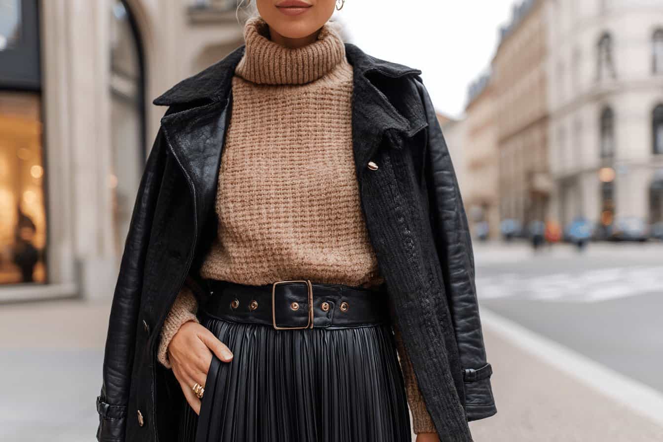 Woman in a black leather skirt, beige knit sweater, and black jacket