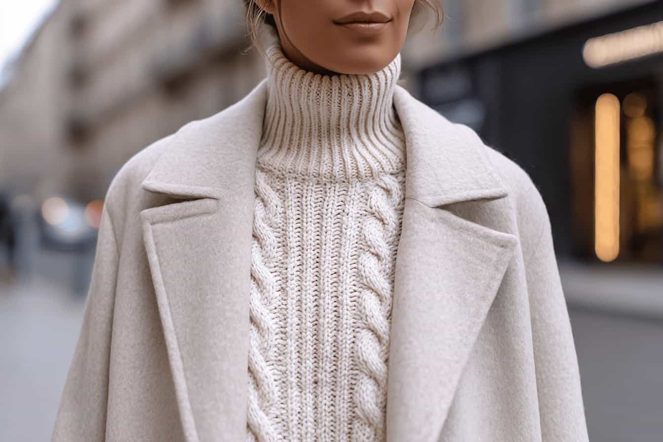 Frau trägt beigen Strickpullover mit Rollkragen und hellen Wollmantel
