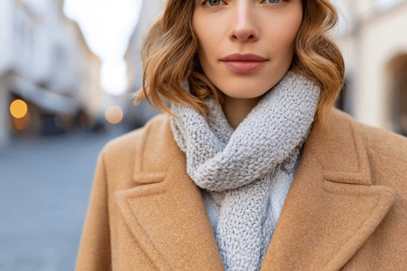 Woman in a beige wool coat and gray knitted scarf in a winter city.