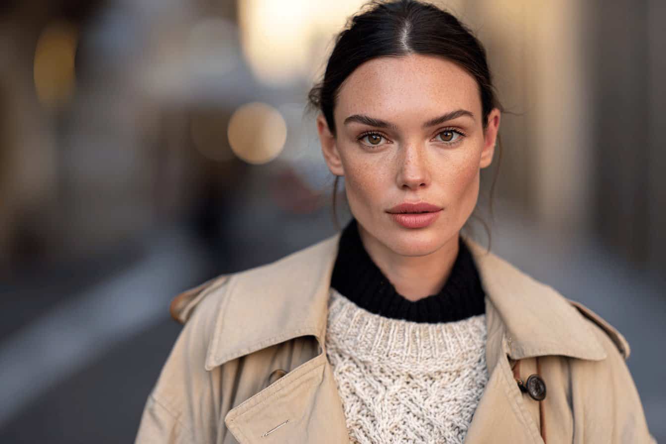 Frau trägt Strickpullover mit Trenchcoat in herbstlicher Stadtumgebung