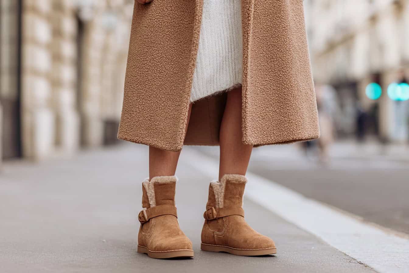 Frau trägt beigefarbene Uggs mit Teddy Coat und Strickkleid