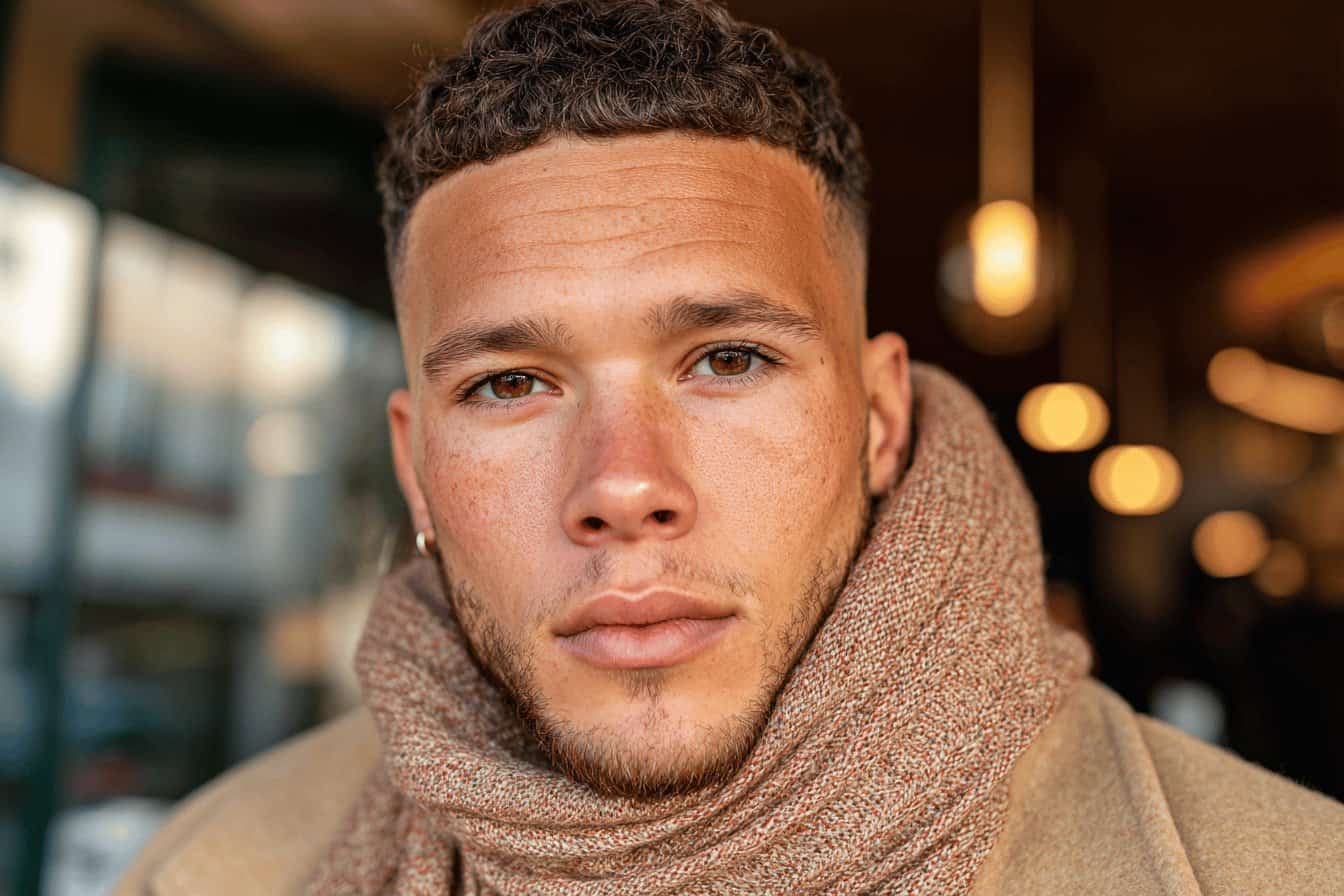 Mann mit beigem Mantel und Strickschal bei Winterbeleuchtung