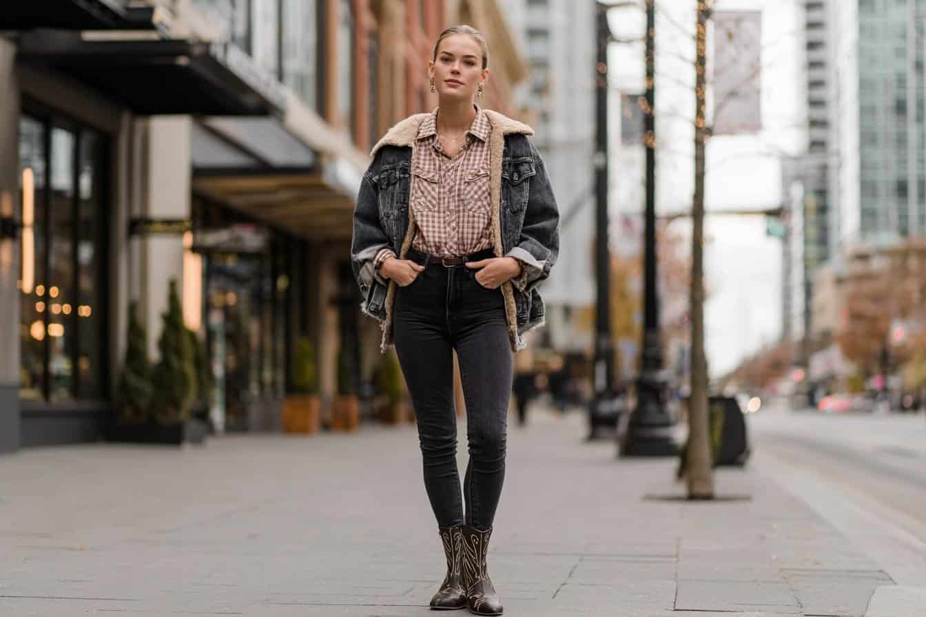 Frau in Winter-Country-Outfit mit Cowboyboots, Jeansjacke und karierter Bluse