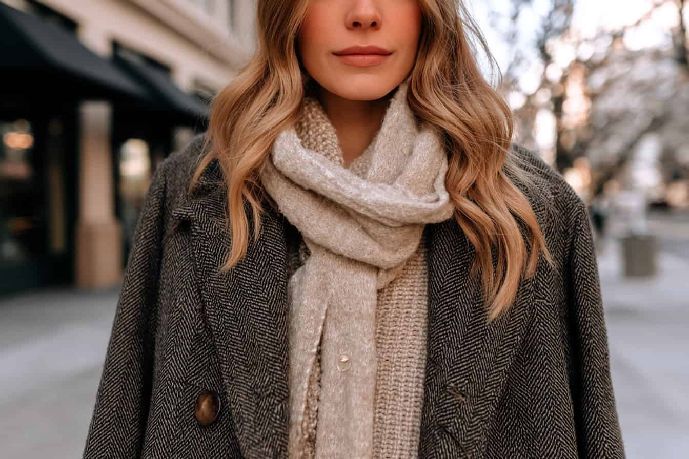 Frau in winterlichem Outfit mit Strickschal und Wollmantel